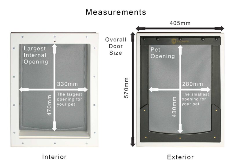 DMW-L-Grey-Measurements RANGER door-mounted dog door, size large, white frame, grey flap, view of interior and exterior sides. View of measurements.