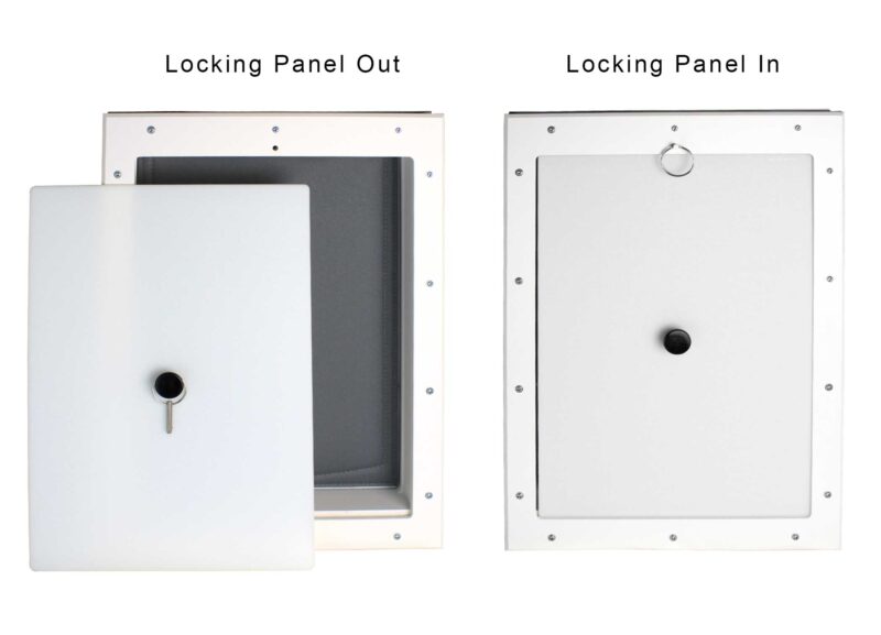 DMW-L-Grey-SP RANGER door-mounted dog door, size large, white frame, grey flap, view of interior and exterior sides. Locking security panel in and out.