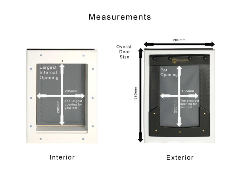 DMW-S-Grey-Measurements RANGER door-mounted dog door, size small, white frame, grey flap, view of interior and exterior sides. View of measurements.