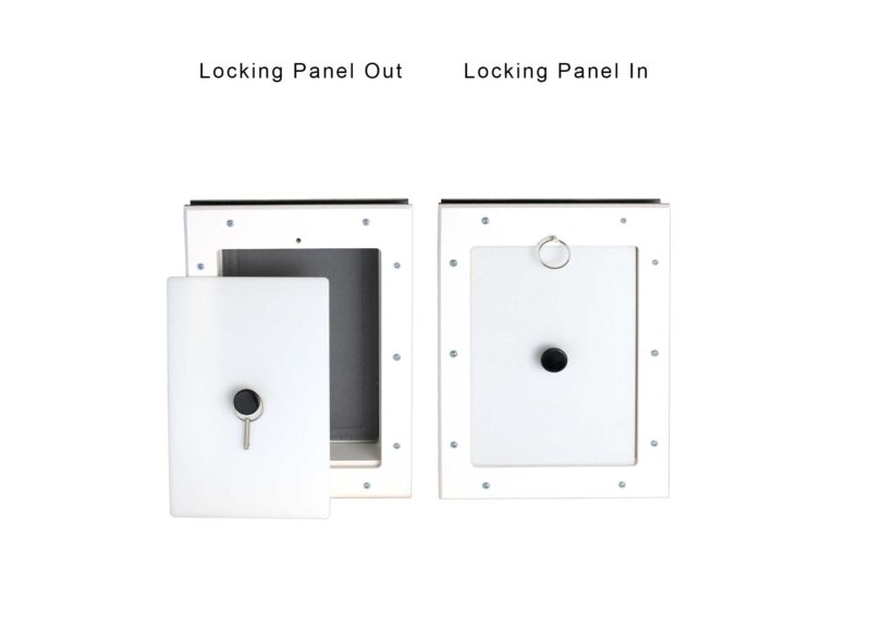 DMW-S-Grey-Panel RANGER door-mounted dog door, size small, white frame, grey flap, view of interior and exterior sides. Locking security panel in and out.