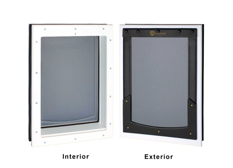RANGER door-mounted dog door, size large, white frame, grey flap, view of interior and exterior sides
