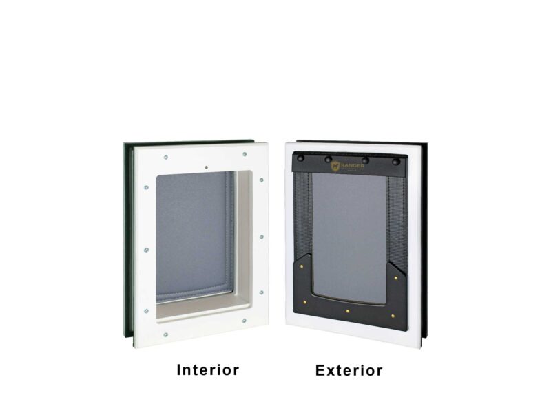 RANGER door-mounted dog door, size small, white frame, grey flap, view of interior and exterior sides.