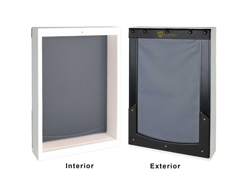 RANGER wall-mounted dog door, size large, white frame, grey flap, view of interior and exterior sides.