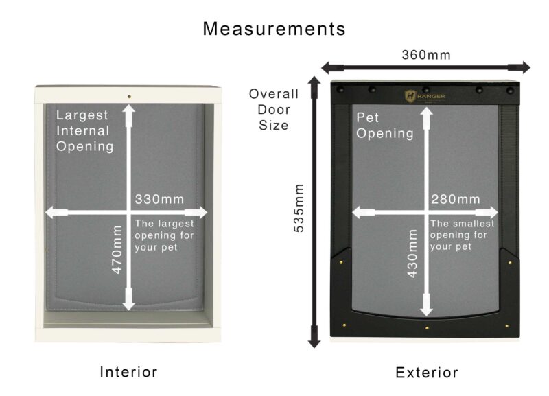 WM-L-Grey-Measurements RANGER wall-mounted dog door, size large, grey flap, view of interior and exterior sides. View of measurements.