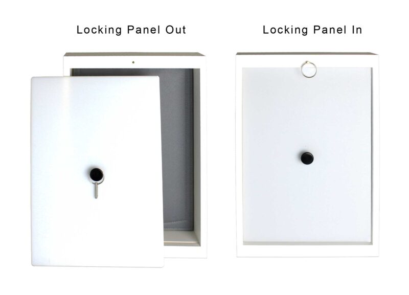 WM-L-SP-Grey RANGER wall-mounted dog door, size large, grey flap, view of interior and exterior sides. Locking security panel in and out.