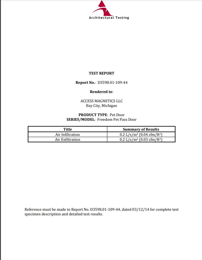 Front page of the ASTM E-283 air leakage test report